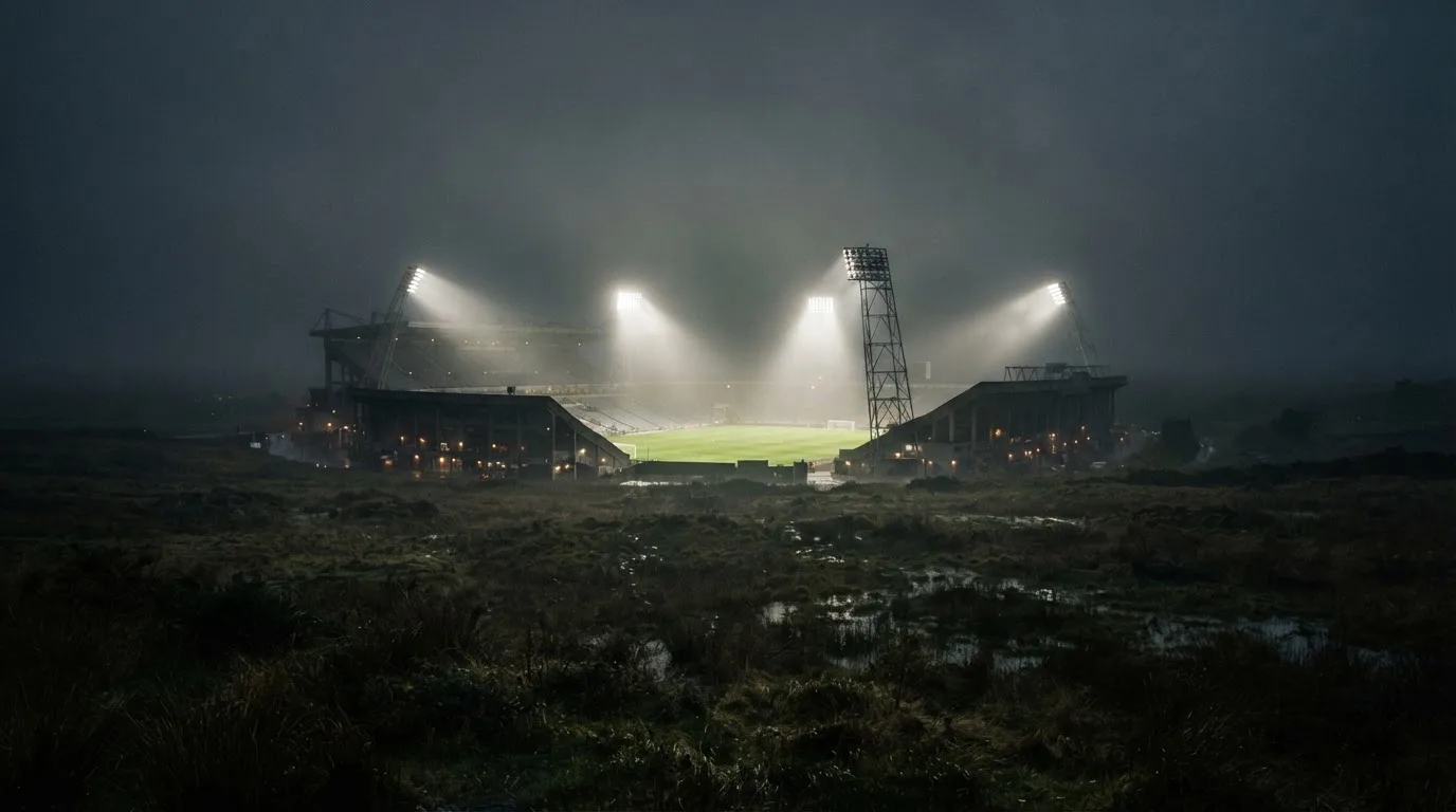 Ein Stadion unter Flutlicht, aus großer Entfernung über eine dunkle Wiese fotografiert, am Himmel zieht Nebel auf.