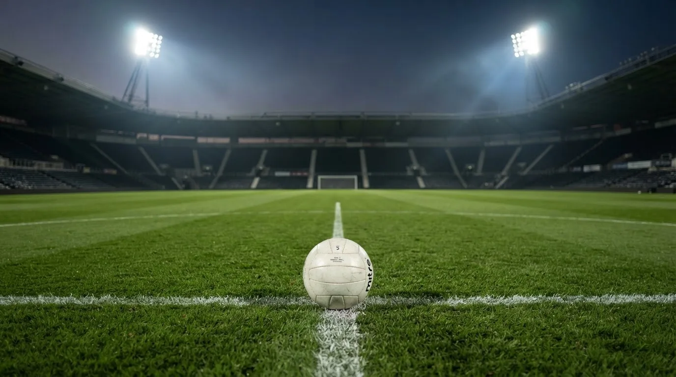 Ein Fußball liegt auf dem Anstoßpunkt eines leeren Rasenplatzes, im Hintergrund steht ein Stadion unter Flutlicht in der Dämmerung.