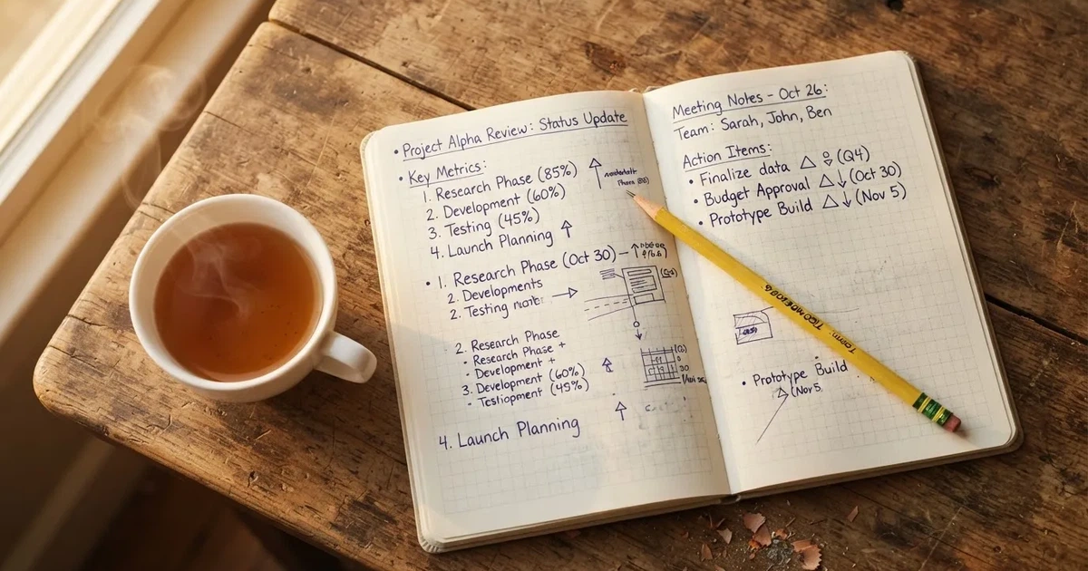 Ein Notizbuch mit handschriftlichen Notizen und Pfeilen liegt aufgeschlagen auf einem Schreibtisch, daneben ein Bleistift und eine Tasse Tee.