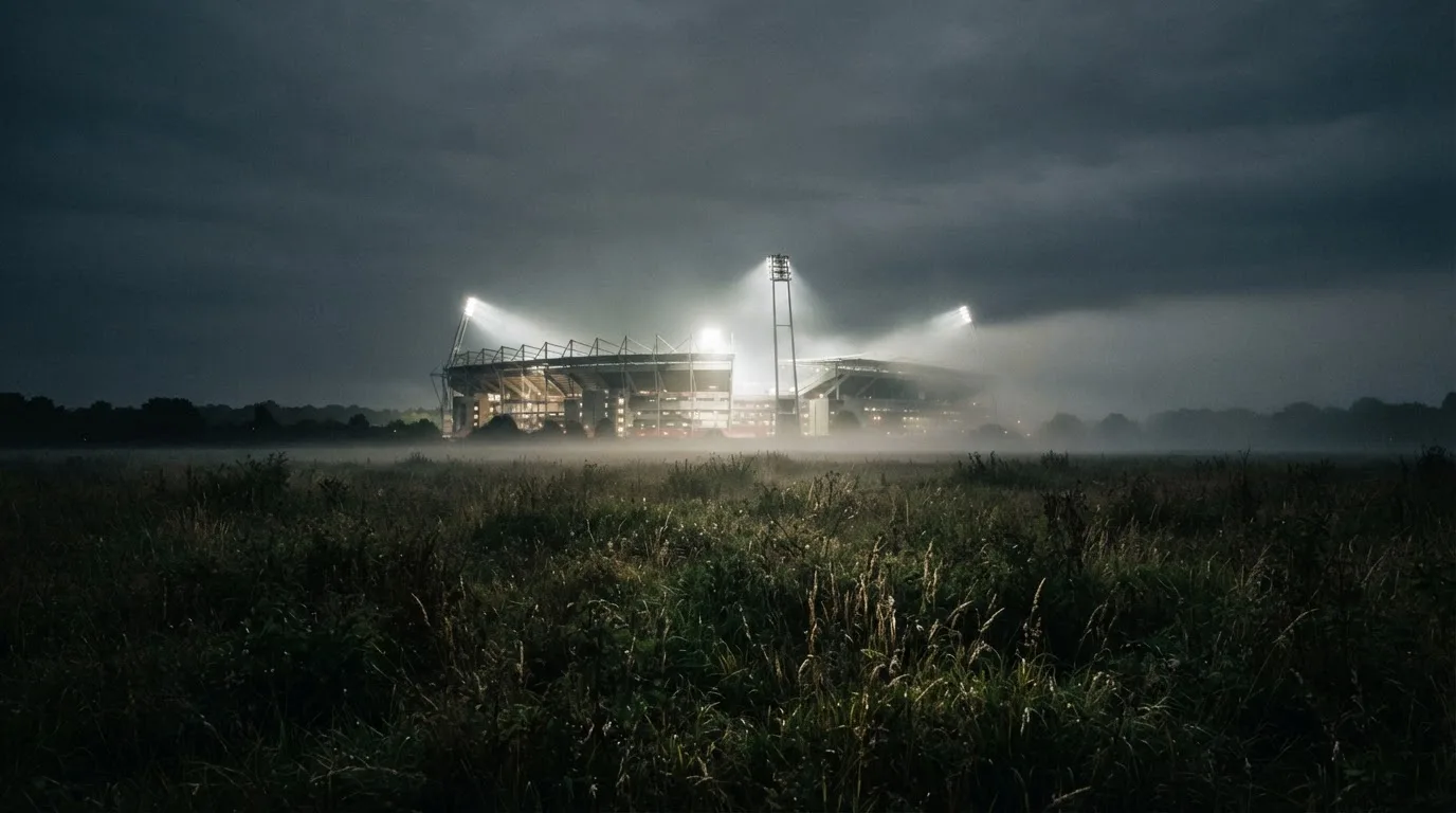 Ein Stadion unter Flutlicht, aus großer Entfernung über eine dunkle Wiese fotografiert, am Himmel zieht Nebel auf.