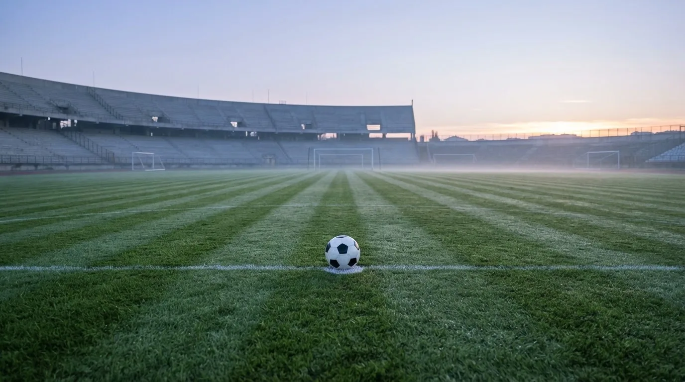 Ein Fußball liegt auf dem Anstoßpunkt eines leeren Rasenplatzes in der Morgendämmerung, im Hintergrund eine leere Tribüne.