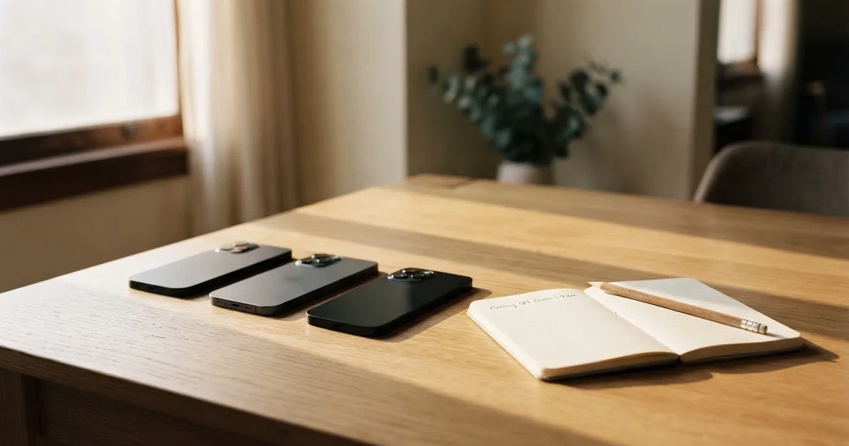 Mehrere Smartphones liegen mit dem Display nach unten neben einem Notizblock und einem Bleistift auf einem hellen Holztisch, seitliches Morgenlicht.