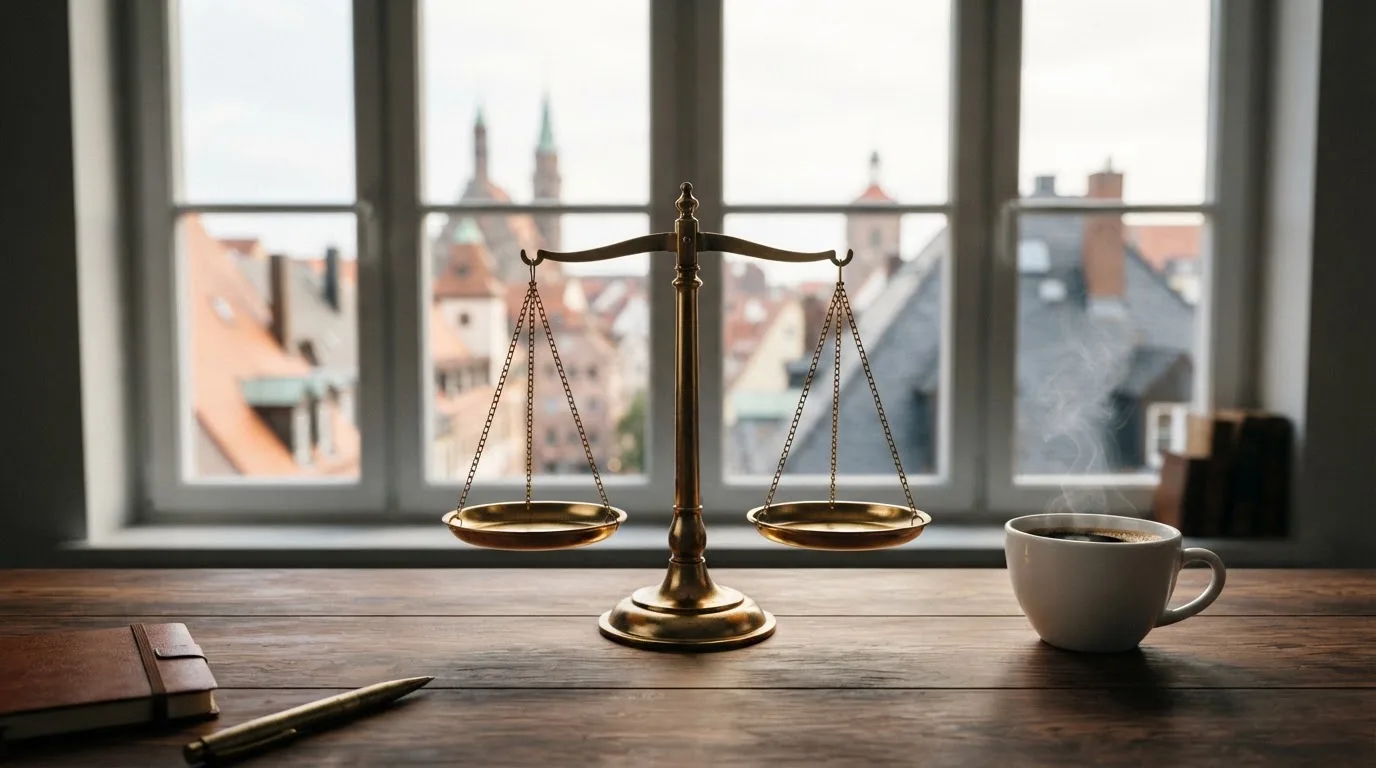 Eine Messingwaage steht auf einem dunklen Holzschreibtisch neben einer Kaffeetasse, im Hintergrund ein Fenster mit Blick auf Dächer.