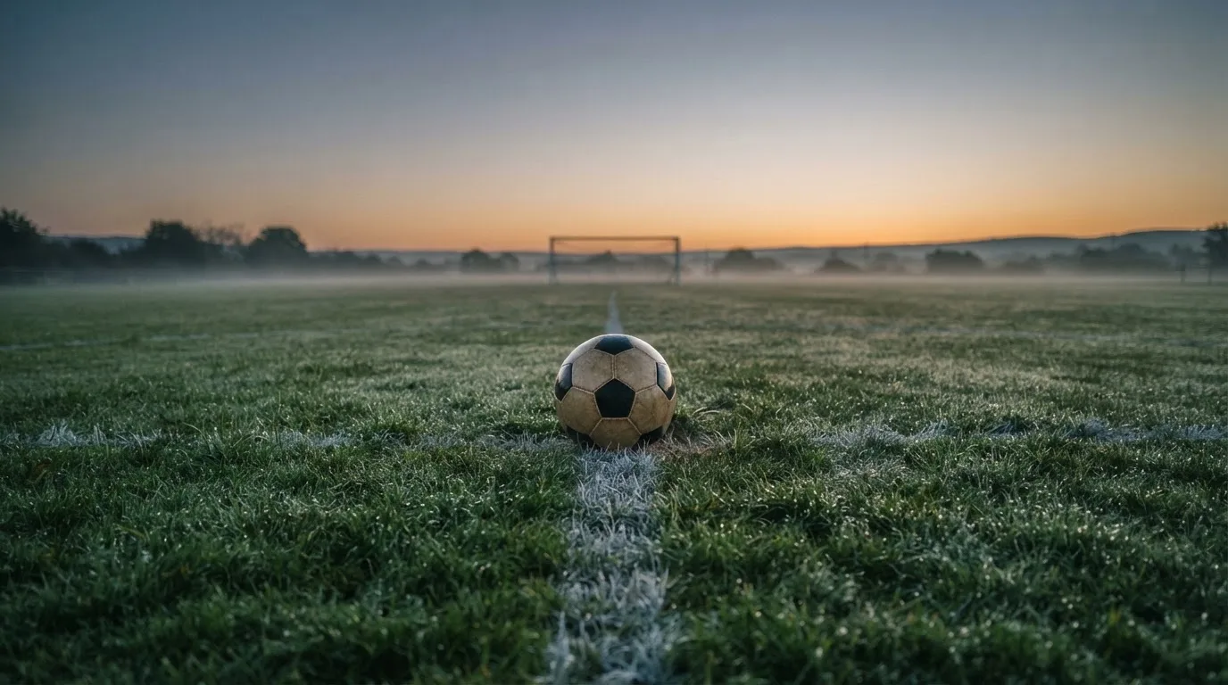 Ein Fußball ruht auf dem Mittelkreis eines leeren Rasenplatzes in der Morgendämmerung, Tau liegt auf dem Gras.