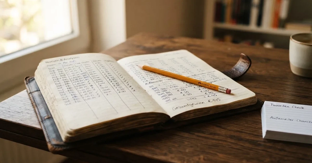 Ein Notizbuch mit handschriftlichen Spalten und Strichlisten liegt neben einem Taschenrechner und einem Bleistift auf einem Schreibtisch.