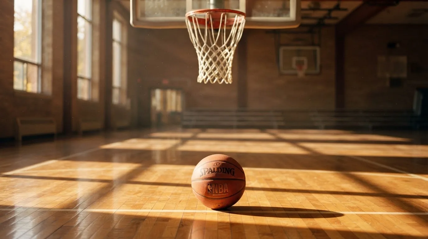 Ein Basketball liegt auf dem Hallenboden unter einem Korb, das Netz hängt ruhig, Morgenlicht fällt durch hohe Fenster.