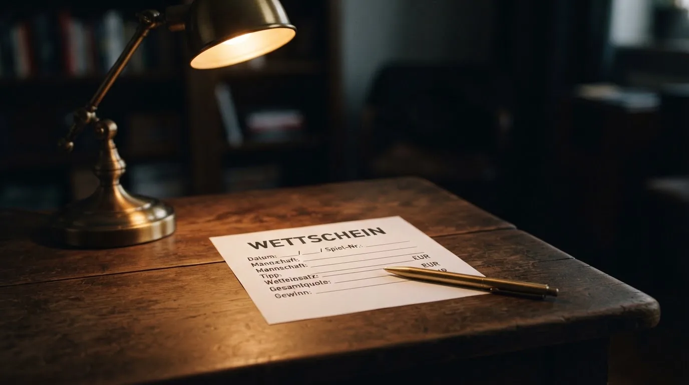 Ein leerer Wettschein aus Papier und ein Kugelschreiber liegen auf einer Tischplatte neben einer kleinen Tischlampe.
