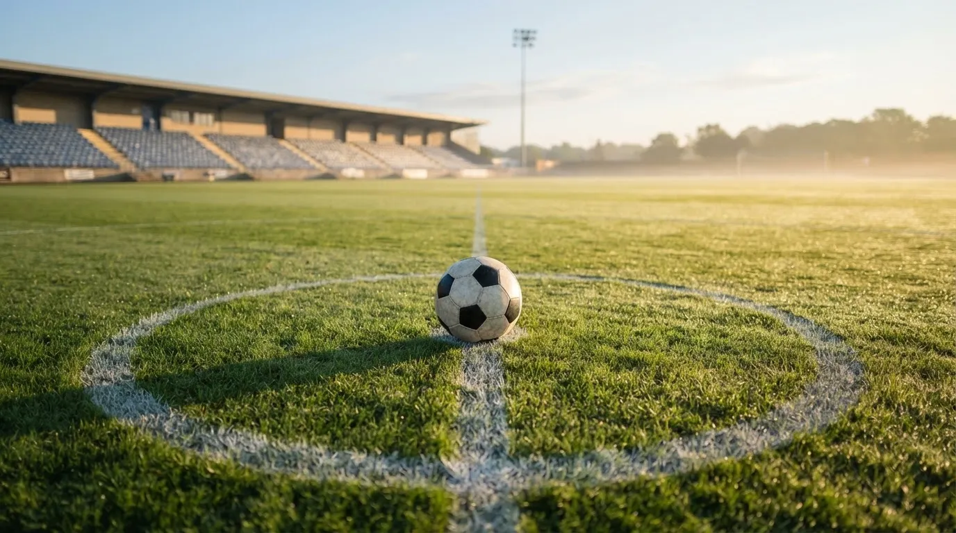 Ein Fußball liegt auf dem Anstoßkreis eines leeren Rasenplatzes im Licht der Morgensonne.