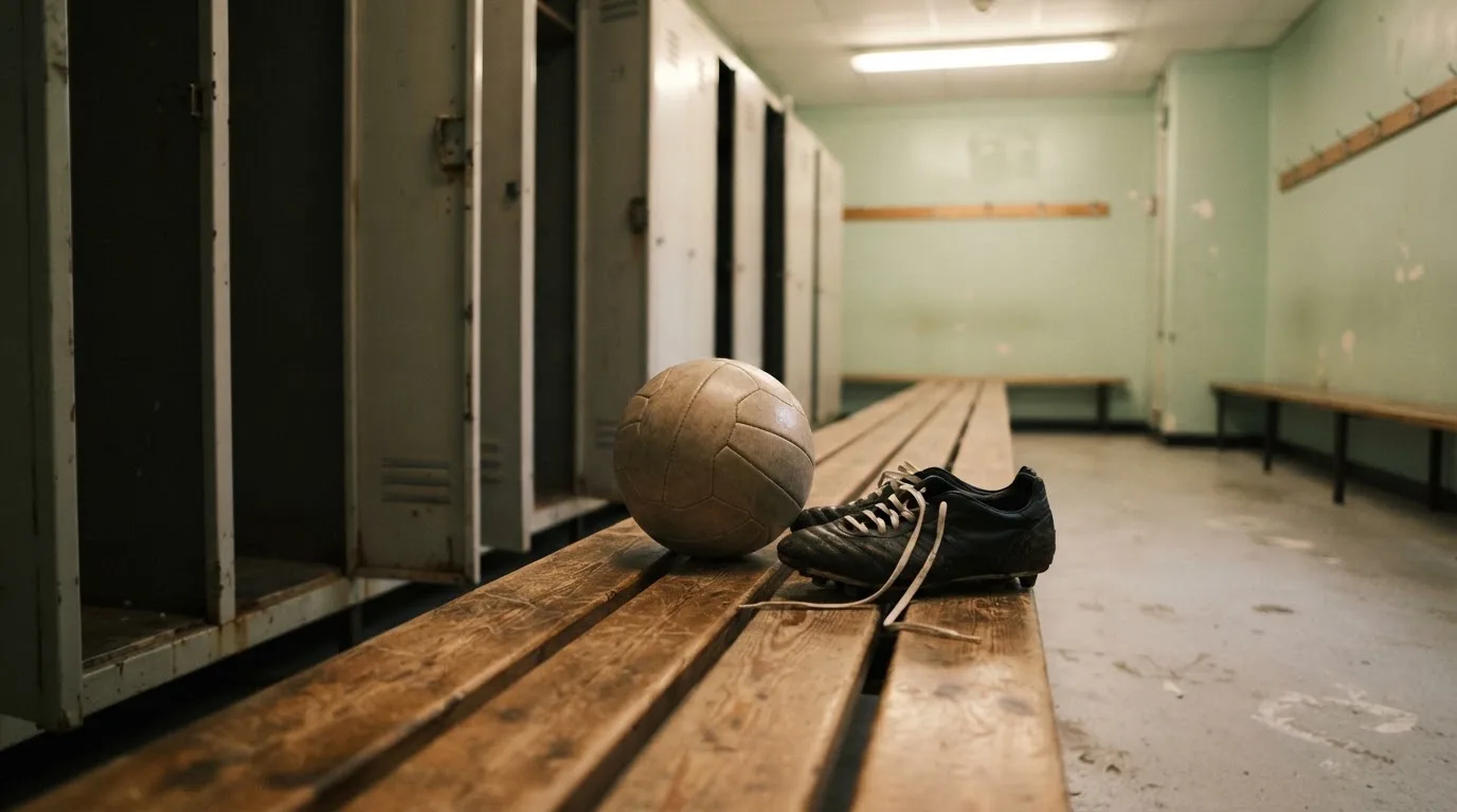 Ein Fußball liegt neben einem Paar Fußballschuhen ohne Markenzeichen auf einer Holzbank in einer leeren Umkleide.