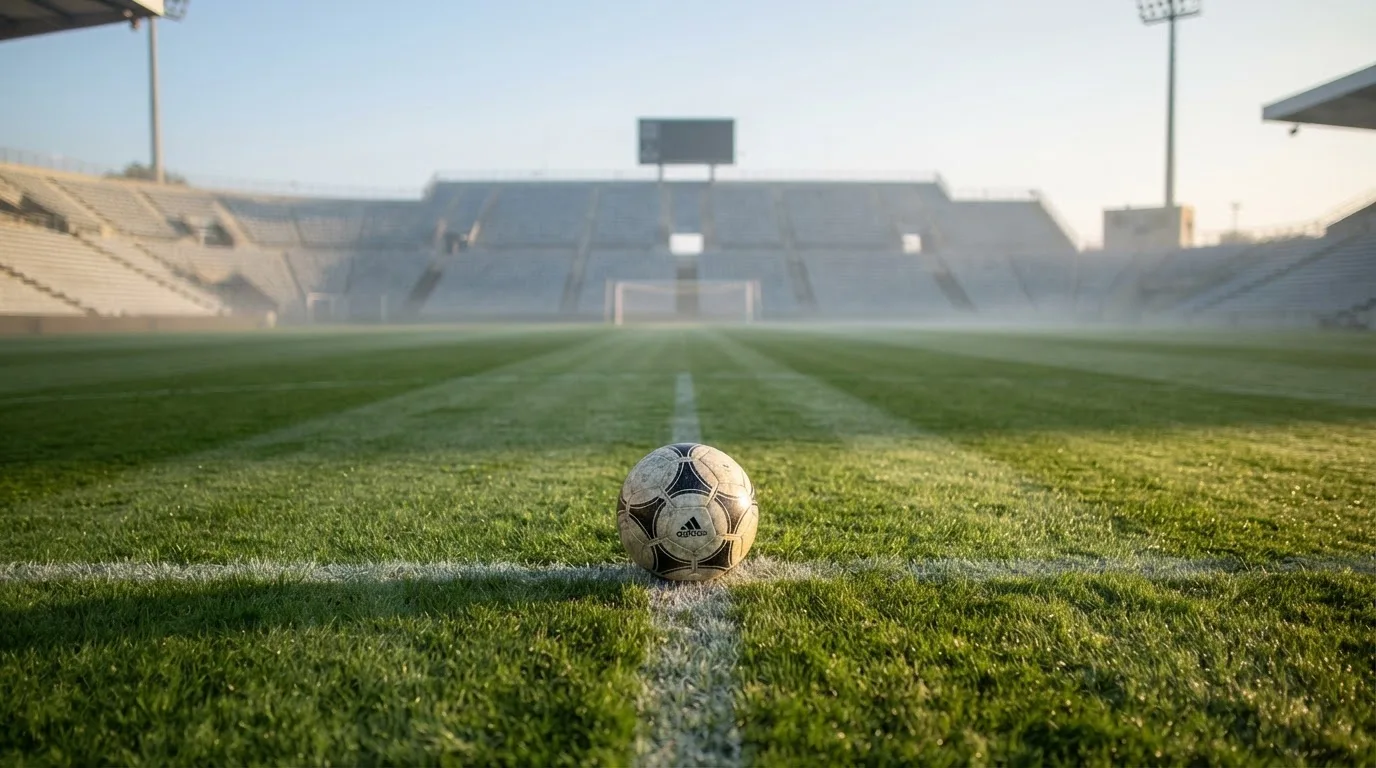 Ein Fußball liegt auf dem Anstoßpunkt eines leeren Rasenplatzes in der Morgendämmerung, im Hintergrund eine leere Tribüne.