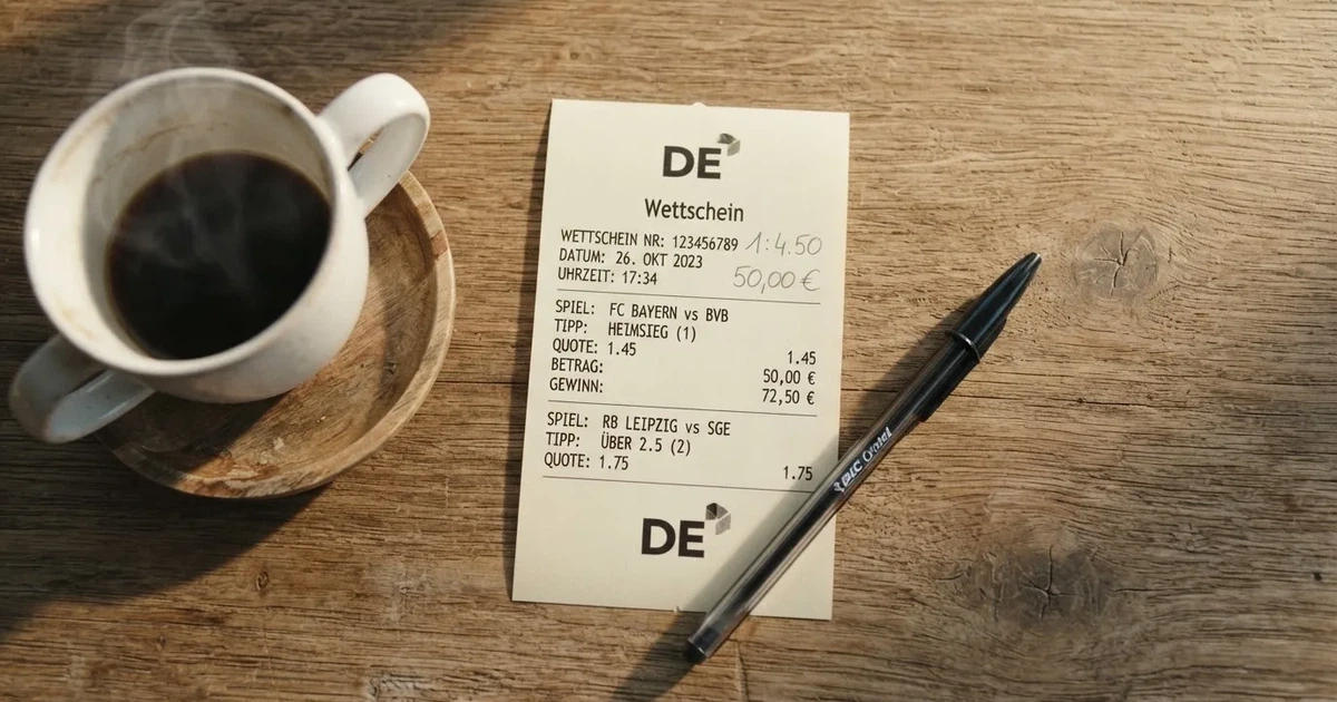 Ein leerer Wettschein aus Papier liegt neben einem Kugelschreiber und einer Tasse Kaffee auf einem Tisch, Aufnahme von oben.