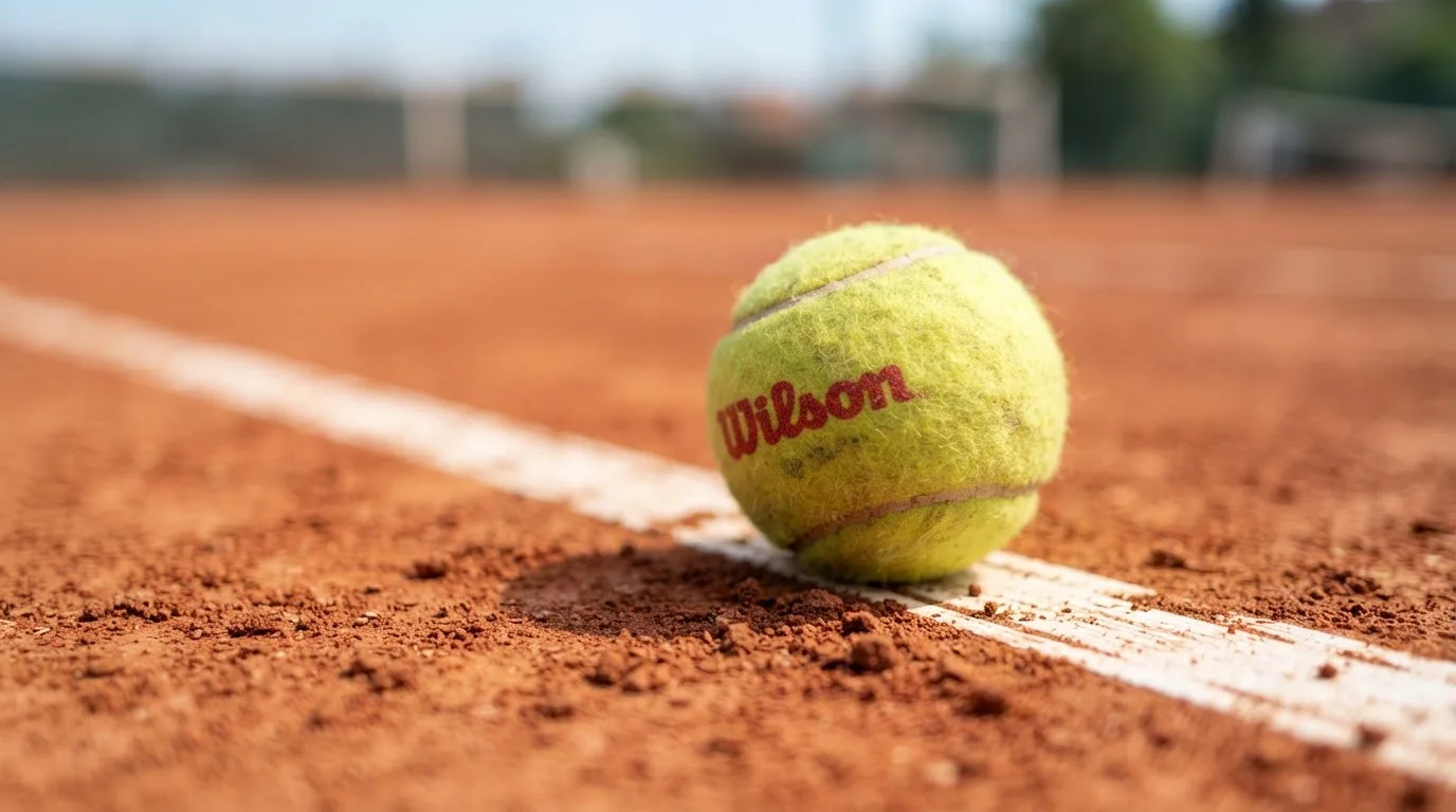 Ein einzelner Tennisball liegt auf rotem Sand neben einer weißen Linie, geringe Schärfentiefe.