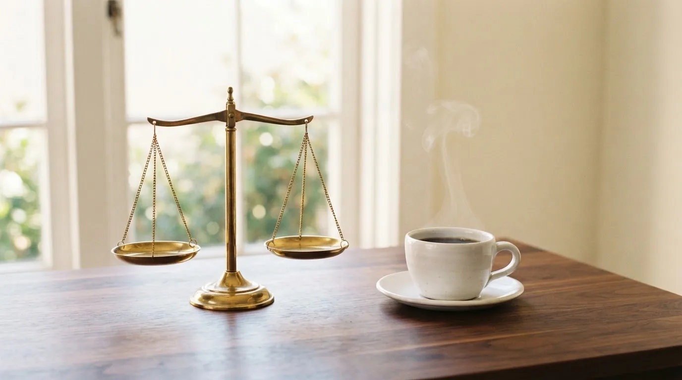 Eine Messingwaage steht auf einem Holzschreibtisch neben einer Kaffeetasse, im Hintergrund ein helles Fenster.