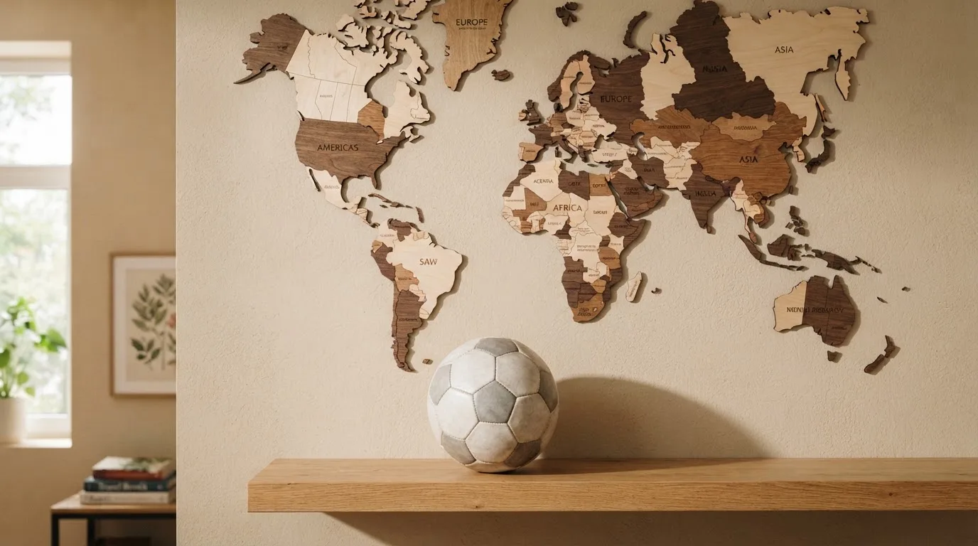 Eine Weltkarte aus Holz hängt an einer Wand, davor liegt ein Fußball auf einem Regal, ohne erkennbare Beschriftung.