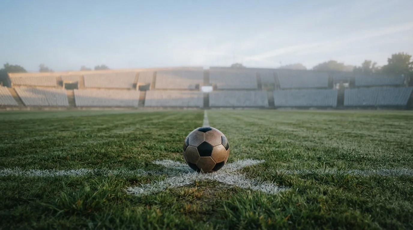 Ein Fußball liegt auf dem Anstoßpunkt eines leeren Rasenplatzes im frühen Morgenlicht, dahinter eine leere Tribüne.