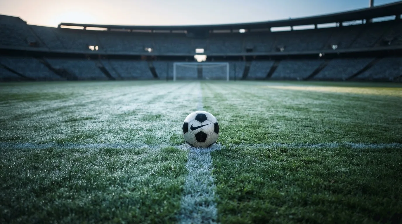 Ein Fußball liegt auf dem Anstoßpunkt eines leeren Rasenplatzes im frühen Morgenlicht, dahinter eine leere Tribüne.