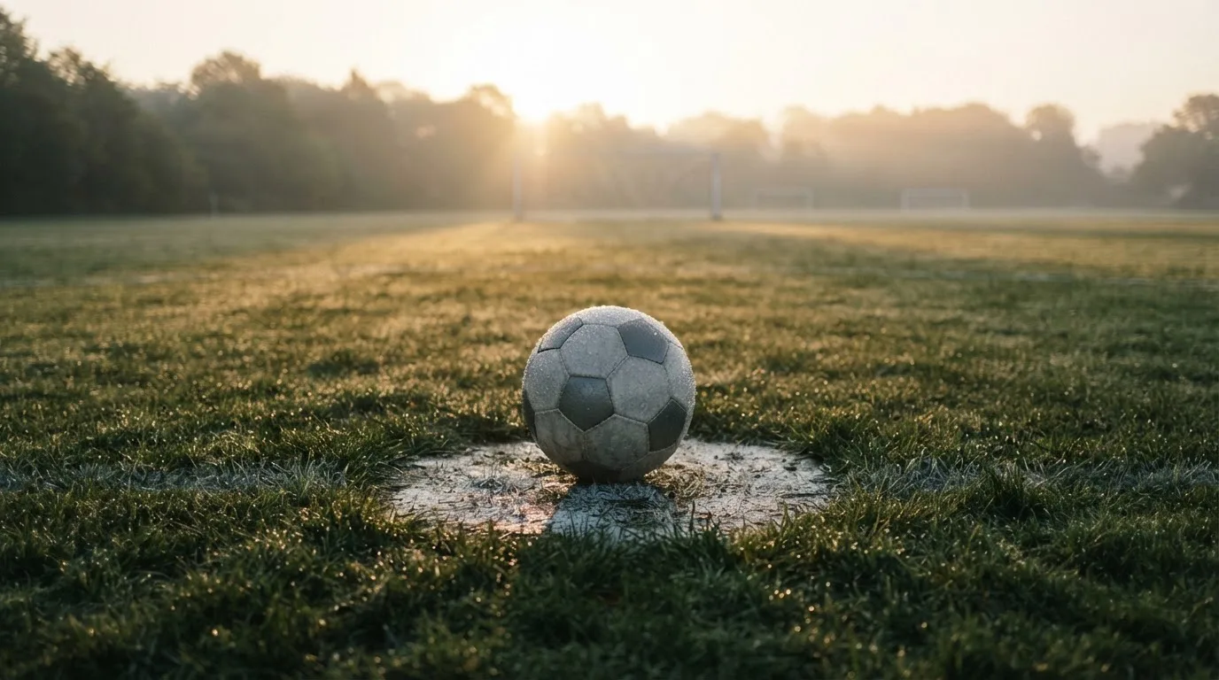 Ein Fußball ruht auf dem Mittelkreis eines leeren Rasenplatzes in der Morgendämmerung, Tau liegt auf dem Gras.