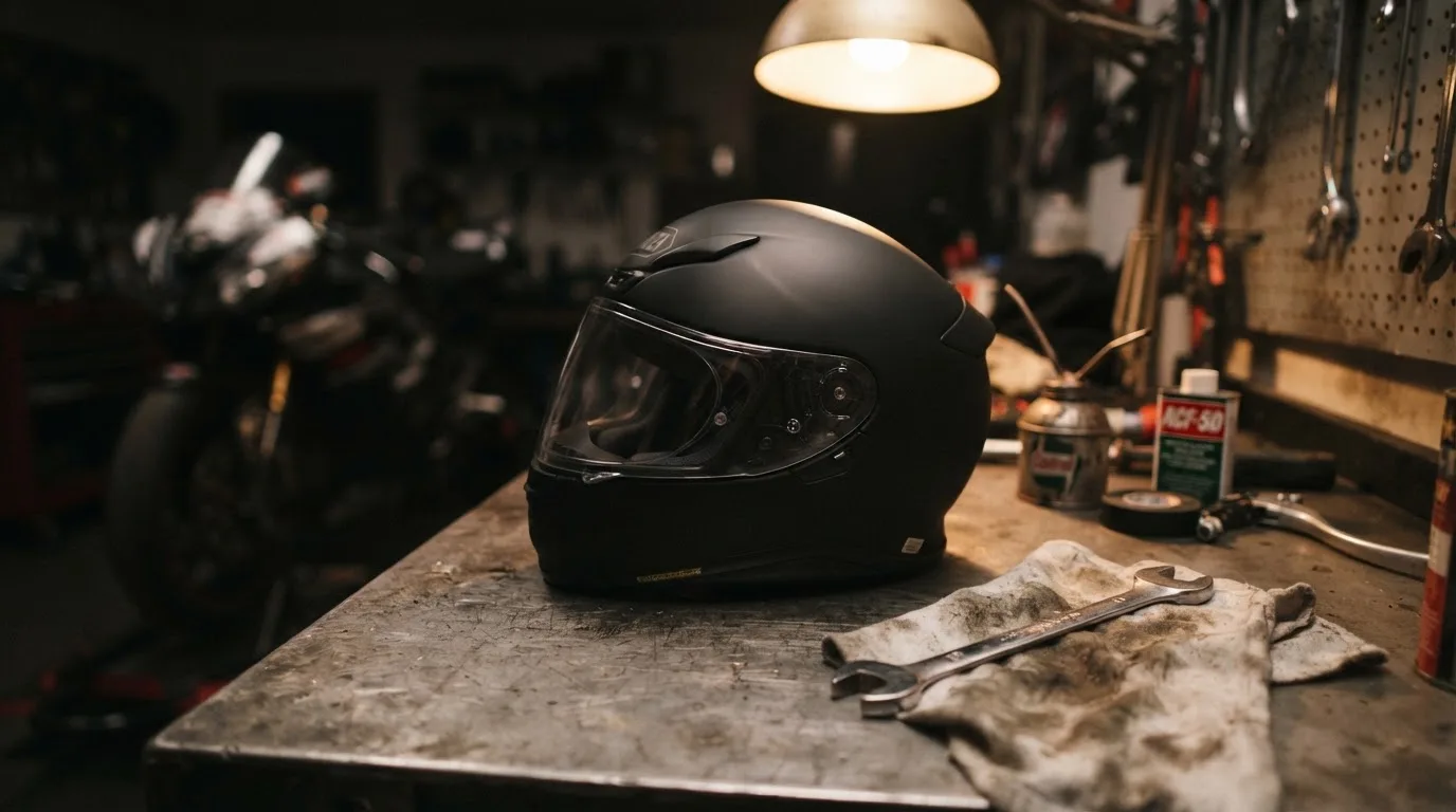 Ein schwarzer Motorradhelm ohne Aufdruck liegt auf einer Werkbank neben einem Schraubenschlüssel, warmes Licht einer Werkstatt.