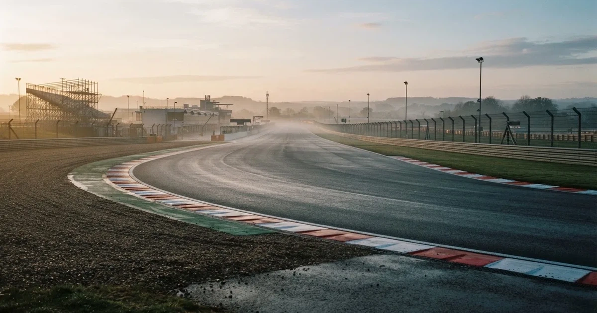 Eine leere Rennstrecke mit rot-weißen Randsteinen im frühen Morgenlicht, auf dem Asphalt liegt dünner Nebel, keine Fahrzeuge.