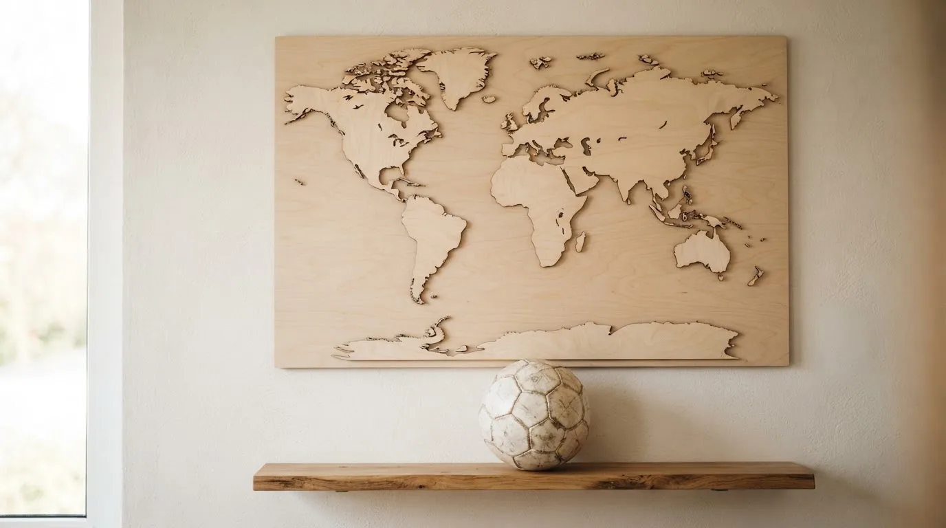 Eine Weltkarte aus Holz hängt an einer Wand, davor liegt ein Fußball auf einem Regal, ohne erkennbare Beschriftung.