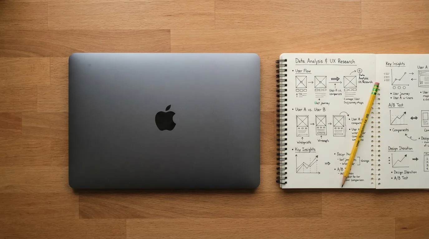Ein geschlossener Laptop, ein aufgeschlagenes Notizbuch mit handschriftlichen Skizzen und ein Bleistift liegen auf einem Schreibtisch.