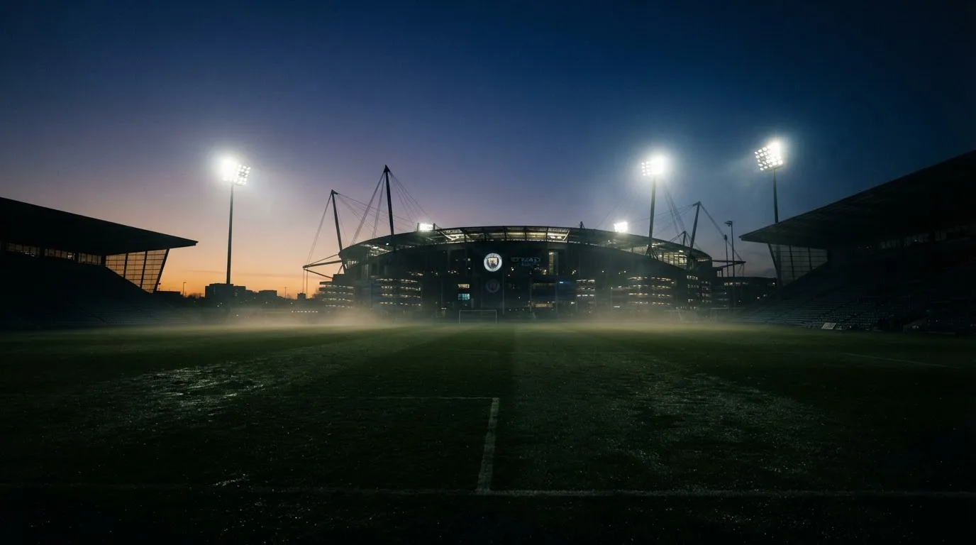Ein großes Stadion unter Flutlicht, aus der Ferne über eine dunkle Wiese gesehen, die Lichtmasten spiegeln sich im Dunst der Abenddämmerung.