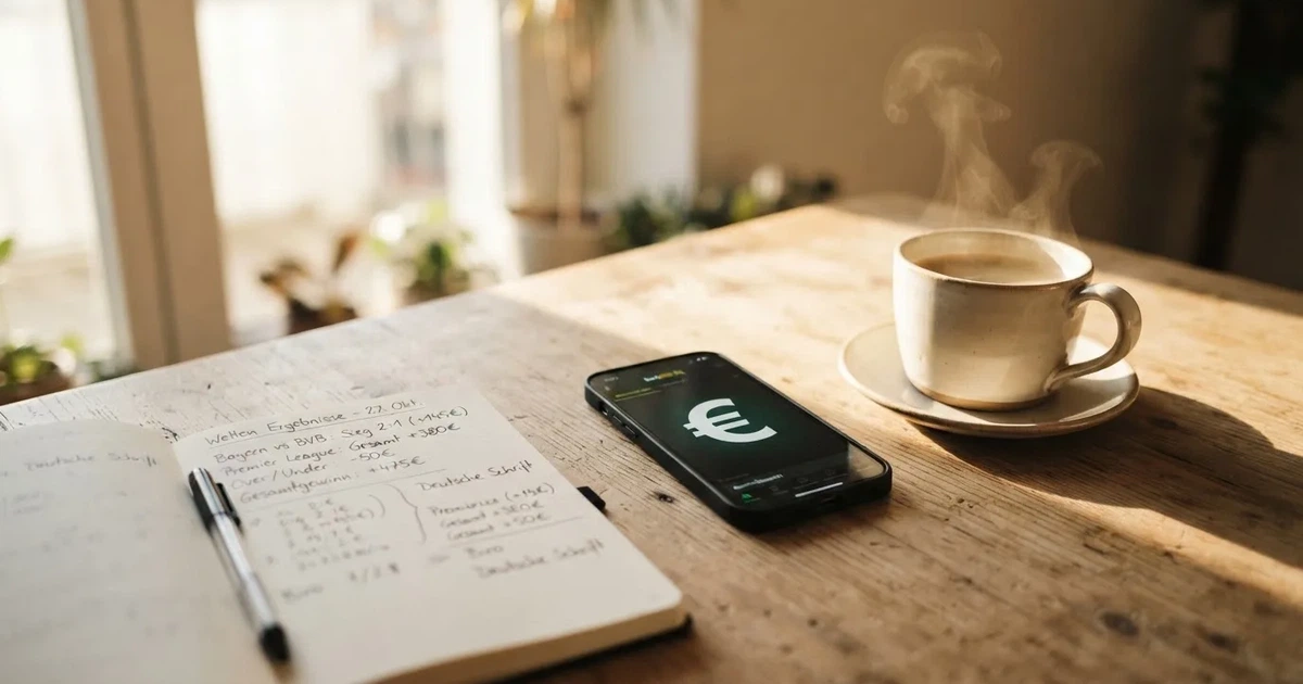 Ein Smartphone mit dunklem Display liegt neben einem Notizbuch mit handschriftlichen Notizen auf einem hellen Holztisch, daneben eine Tasse Kaffee im Morgenlicht.