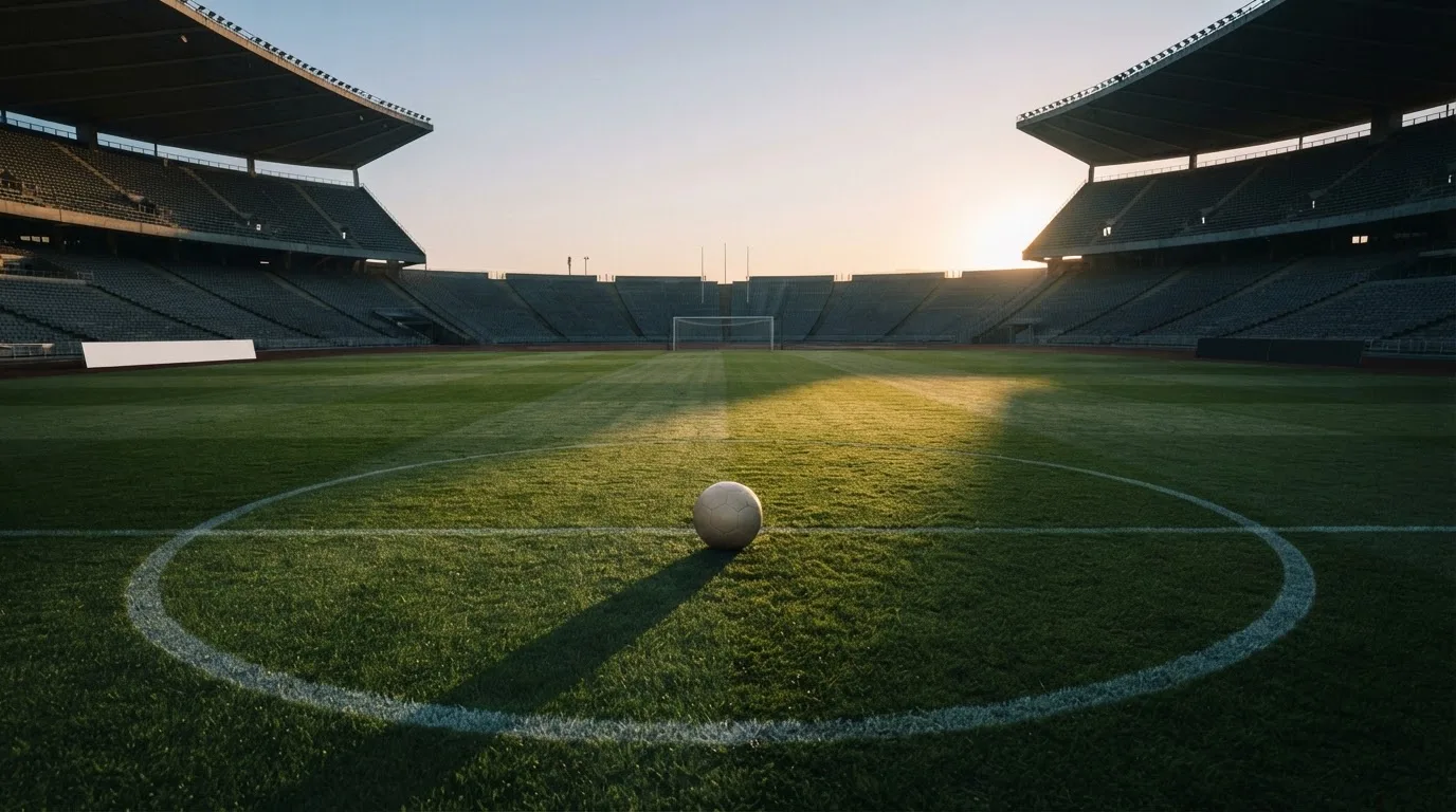 Ein einzelner Fußball liegt auf frisch gemähtem Rasen im Mittelkreis eines leeren Stadions, lange Schatten am frühen Morgen.