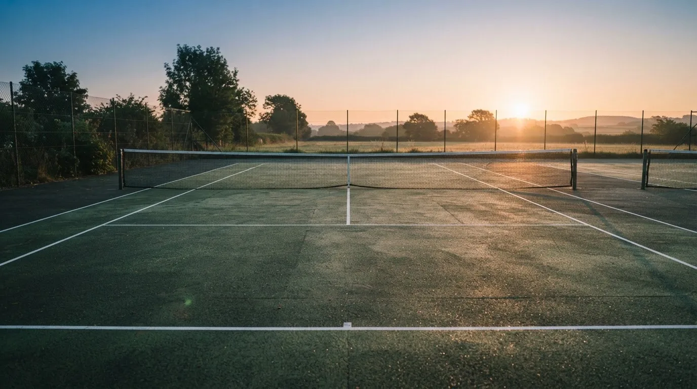 Ein Tennisplatz bei Sonnenaufgang, Netz und weiße Linien im ersten Licht, kein Mensch zu sehen, Tau auf dem Belag.