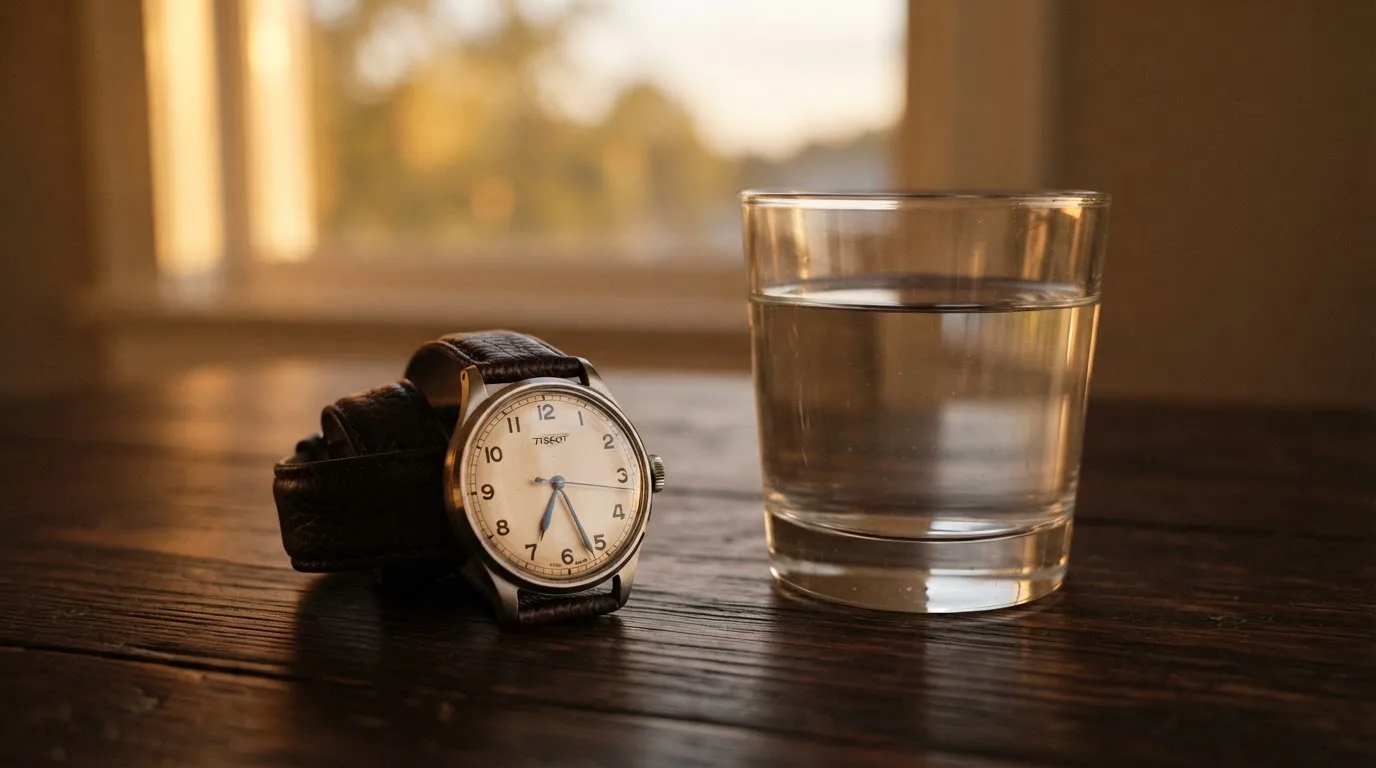 Eine Armbanduhr und ein Glas Wasser stehen auf einem ruhigen Holztisch, im Hintergrund ein Fenster mit warmem Abendlicht.
