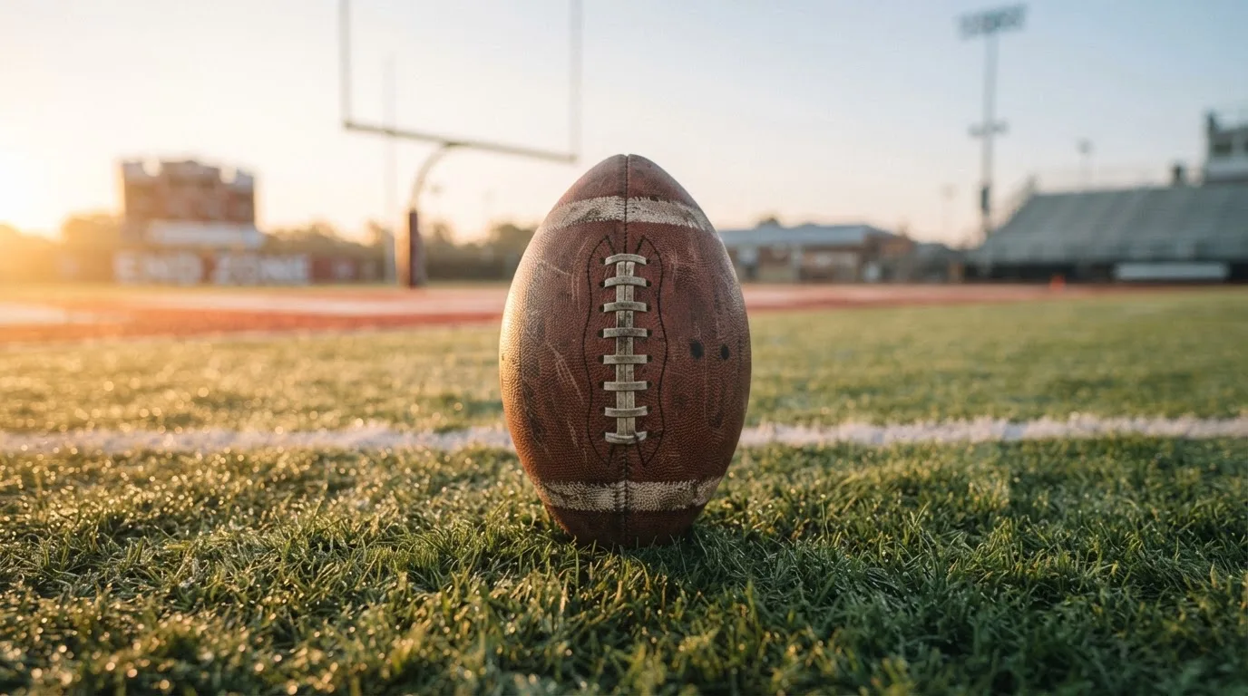 Ein ovaler Lederball mit heller Schnürung liegt auf dem Rasen vor der Endzone, Tau auf dem Gras im ersten Morgenlicht.