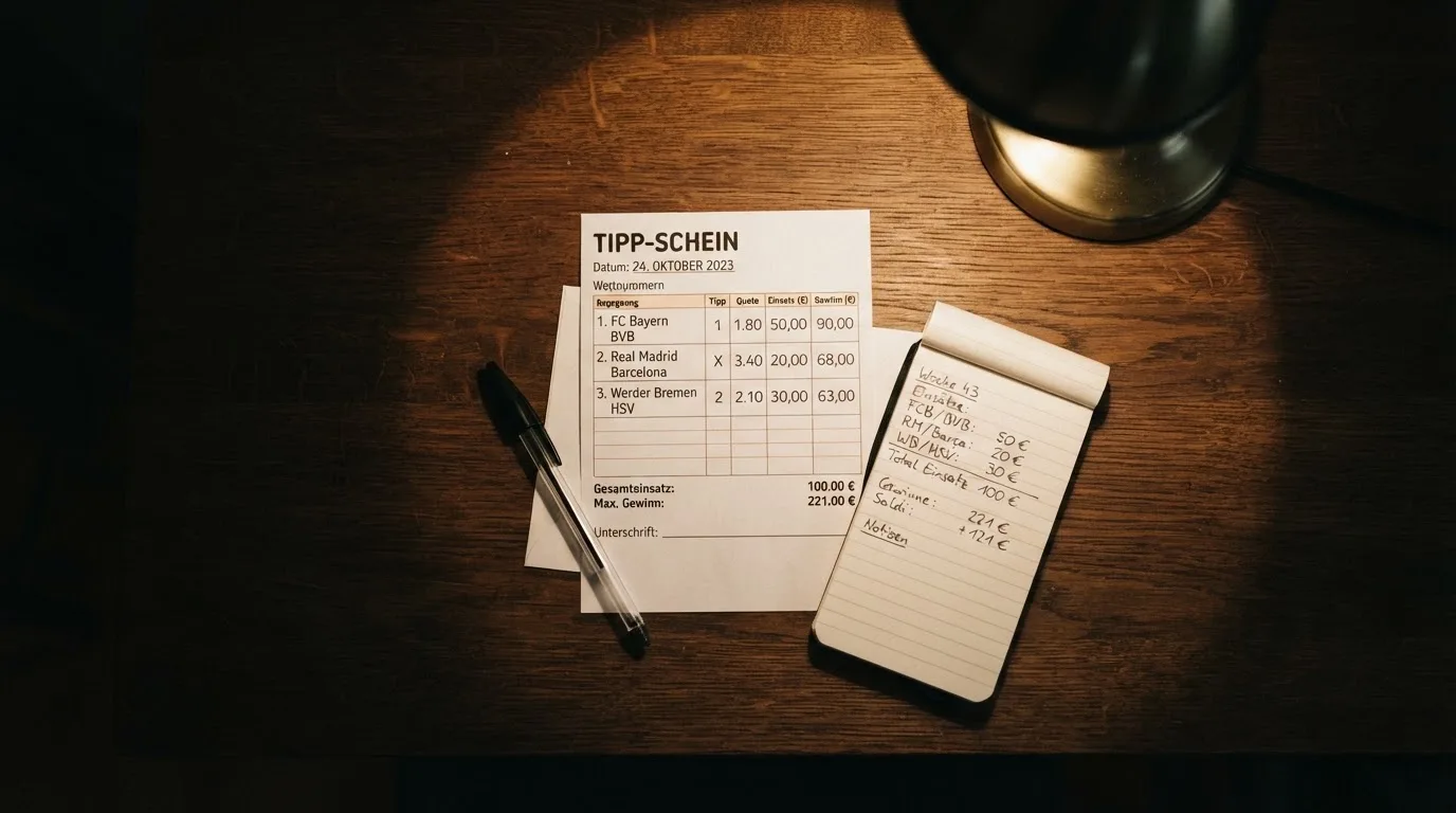 Ein leerer Papierwettschein, ein Kugelschreiber und ein Taschenrechner liegen auf einem Holztisch, warmes Licht einer Schreibtischlampe.