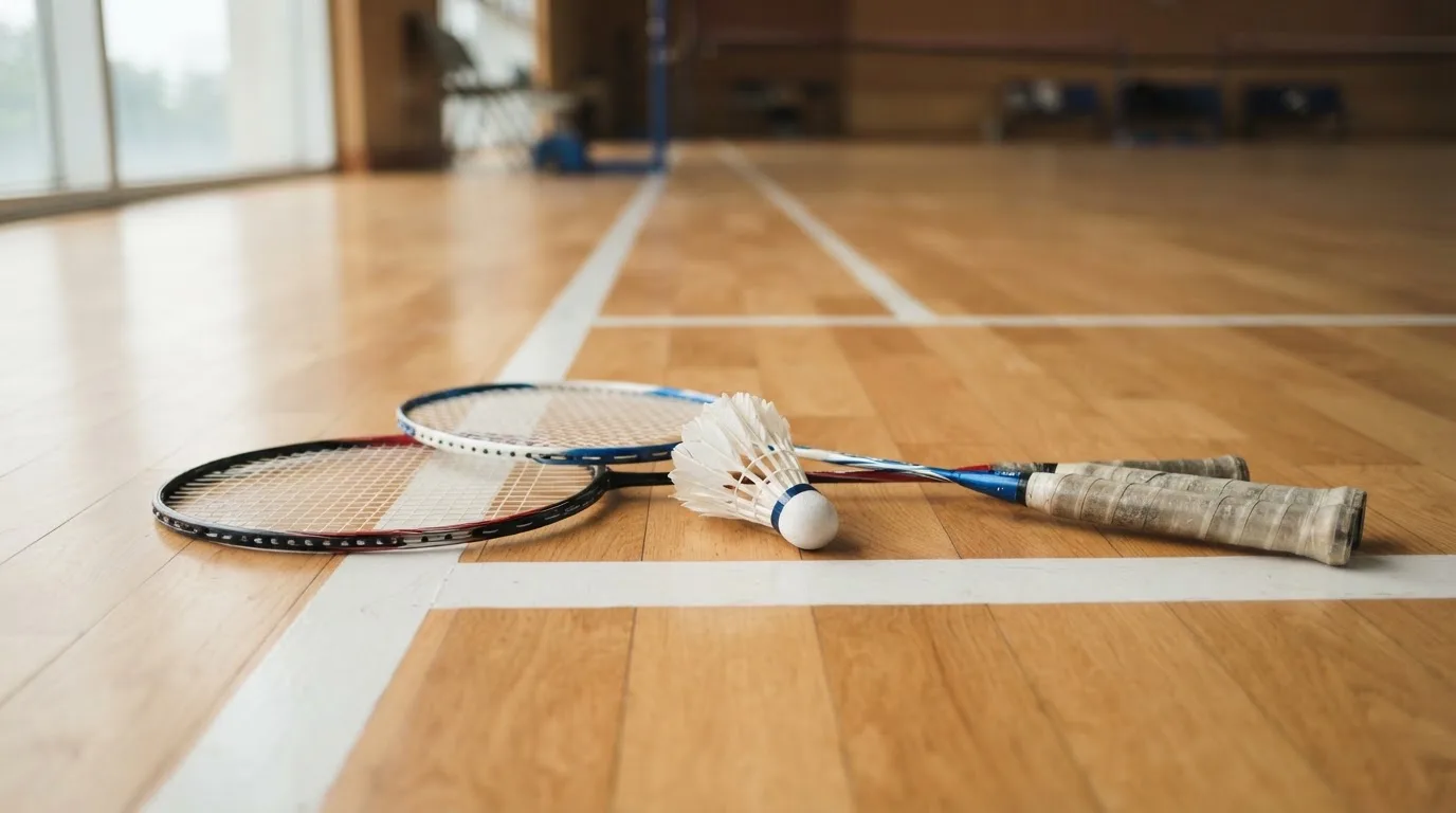 Zwei Badmintonschläger und ein Federball liegen auf einem Holzboden neben der Seitenlinie, weiches Licht fällt von der Seite ein.