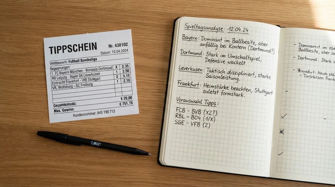 Ein leerer Papierwettschein und ein Kugelschreiber auf einer glatten Schreibtischplatte, daneben ein aufgeschlagenes Notizbuch mit handschriftlichen Notizen.