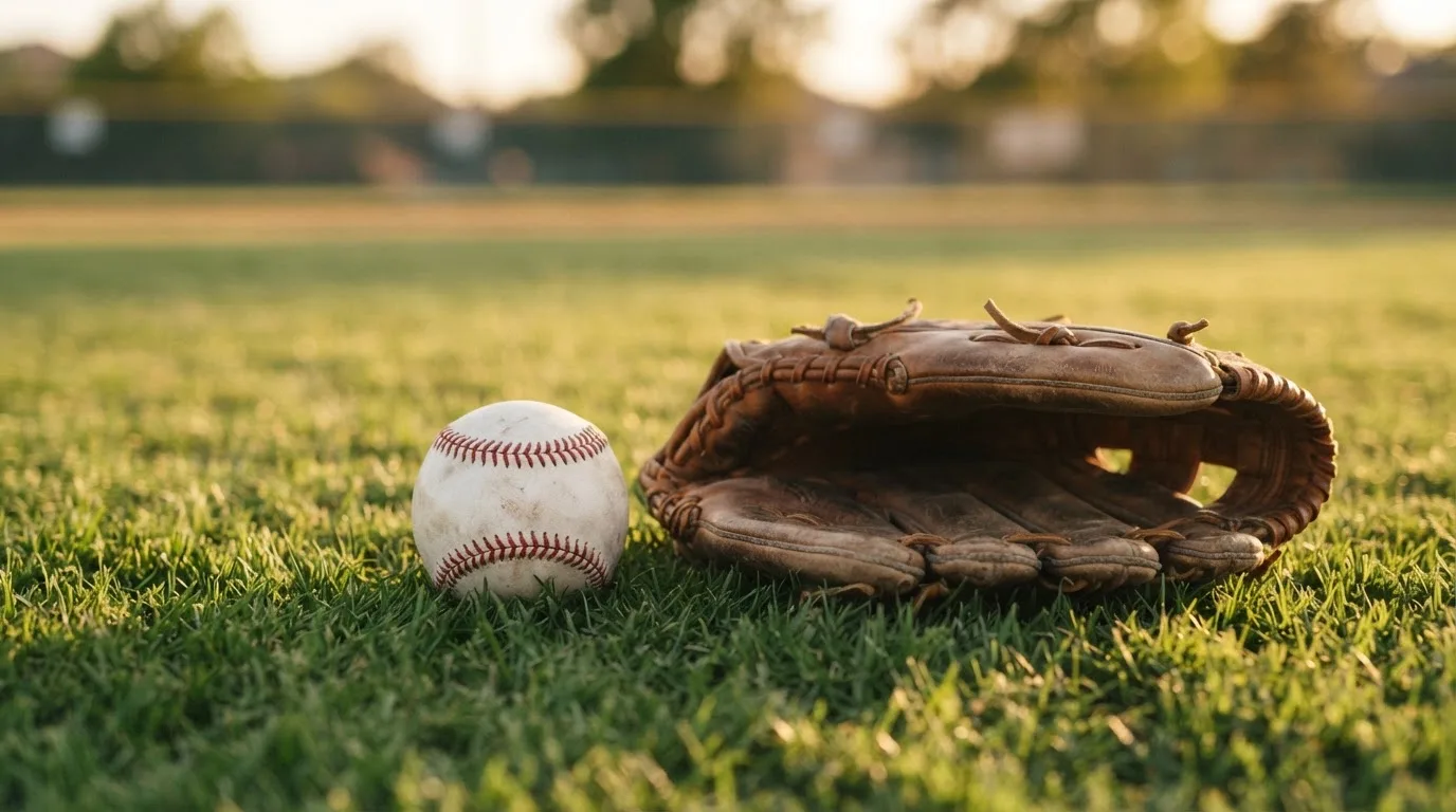 Ein weißer Baseball und ein Lederhandschuh liegen auf kurz geschnittenem Gras, im Hintergrund eine verschwommene Spielfeldbande.