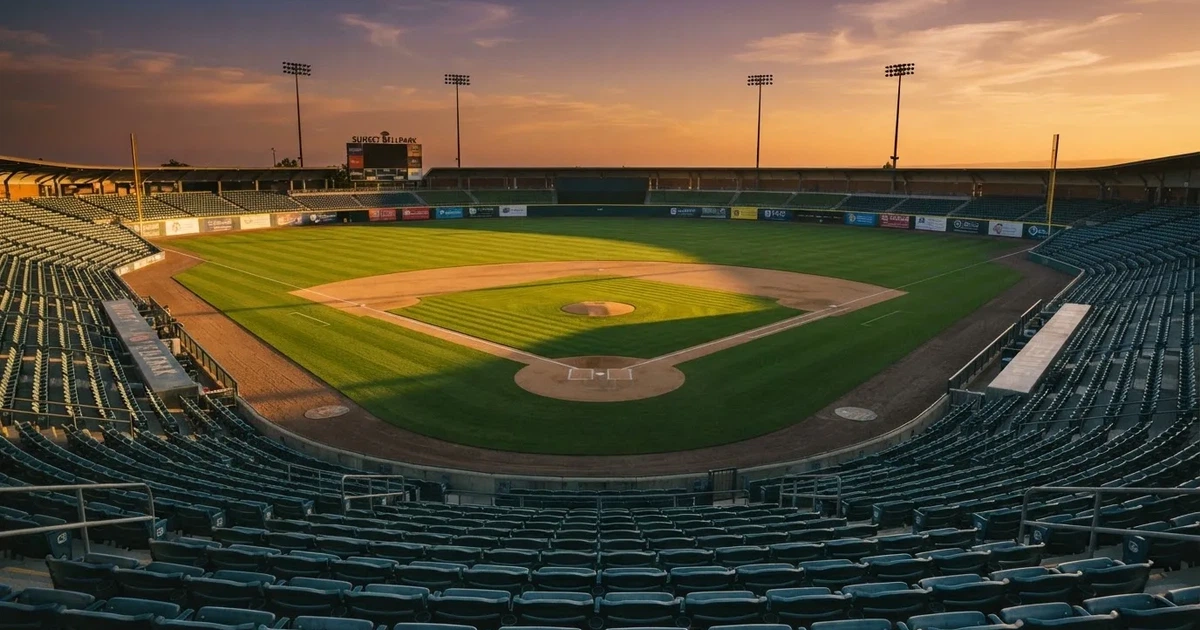 Ein Baseballfeld mit dem hellbraunen Infield und gepflegtem Rasen, von der Tribüne aus gesehen, die Ränge leer, tiefe Abendsonne.