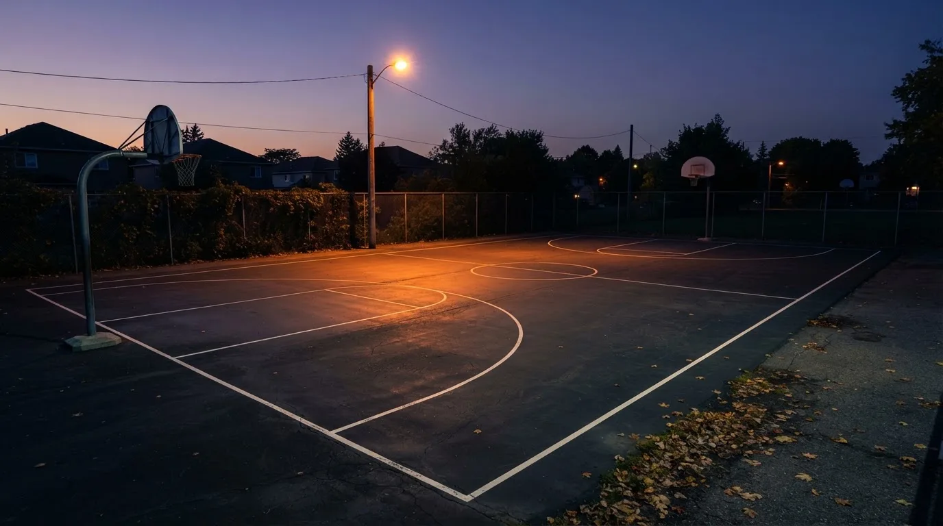 Ein Freiluft-Basketballplatz am Abend mit Asphalt, Linien und zwei Körben unter einer Straßenlaterne.