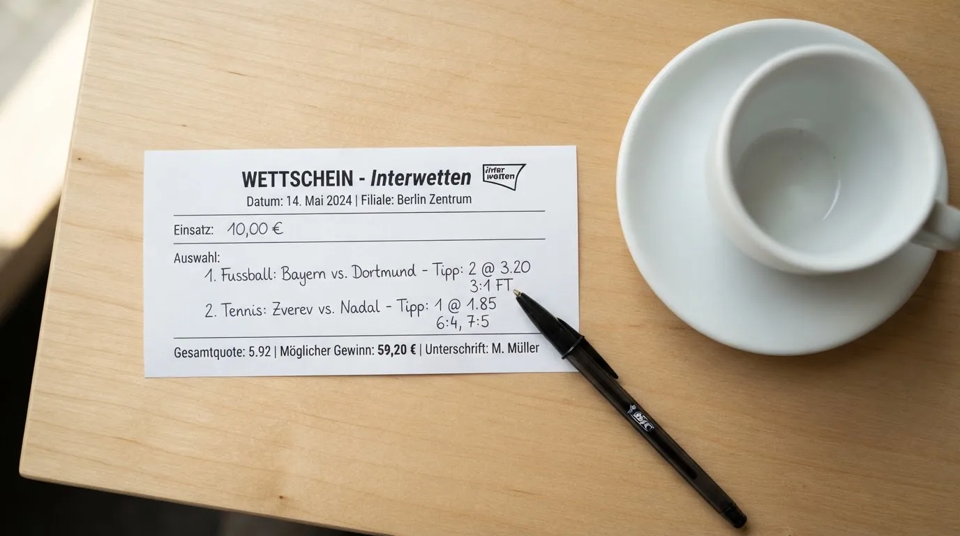 Ein leerer Wettschein aus Papier liegt neben einem Kugelschreiber und einer Tasse auf einem hellen Holztisch.