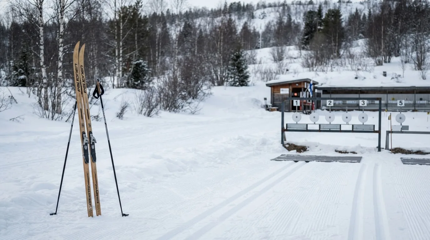 Ein Paar Langlaufskier steckt aufrecht im Schnee neben einem leeren Schießstand mit runden Zielscheiben, kaltes Winterlicht.
