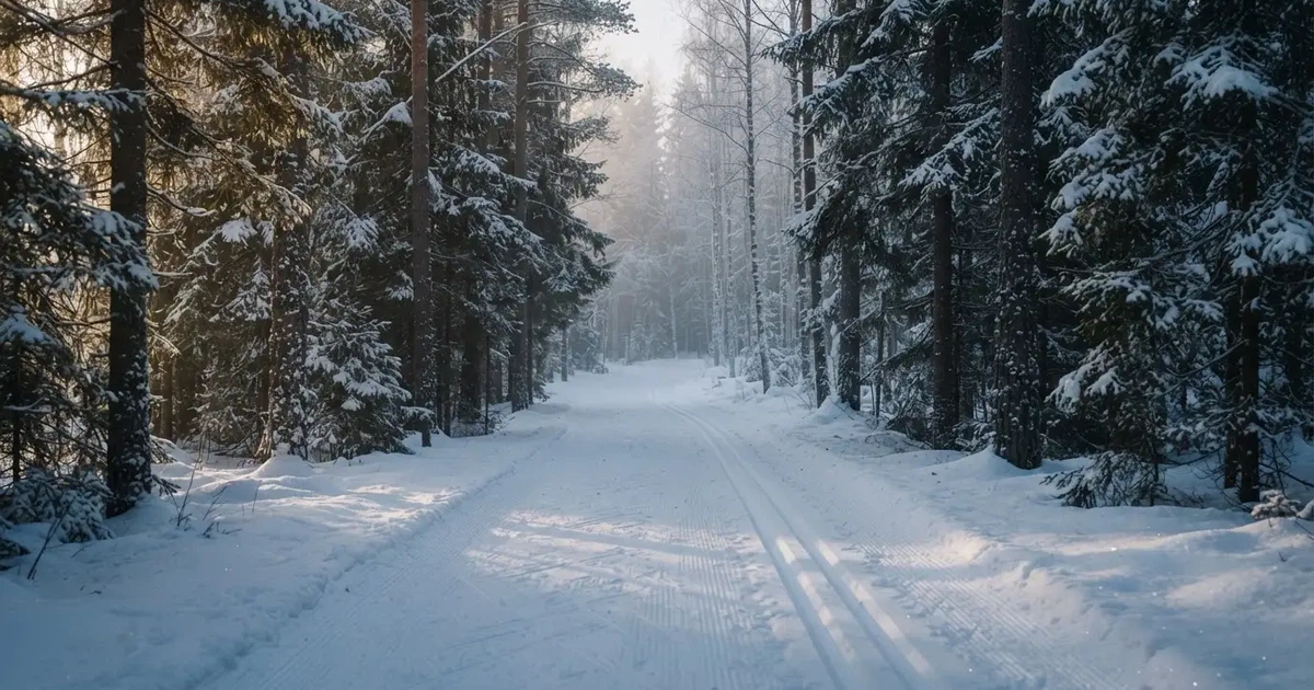 Eine verschneite Loipe zwischen Fichten im Morgenlicht, frische Spuren im Schnee, kein Mensch zu sehen.