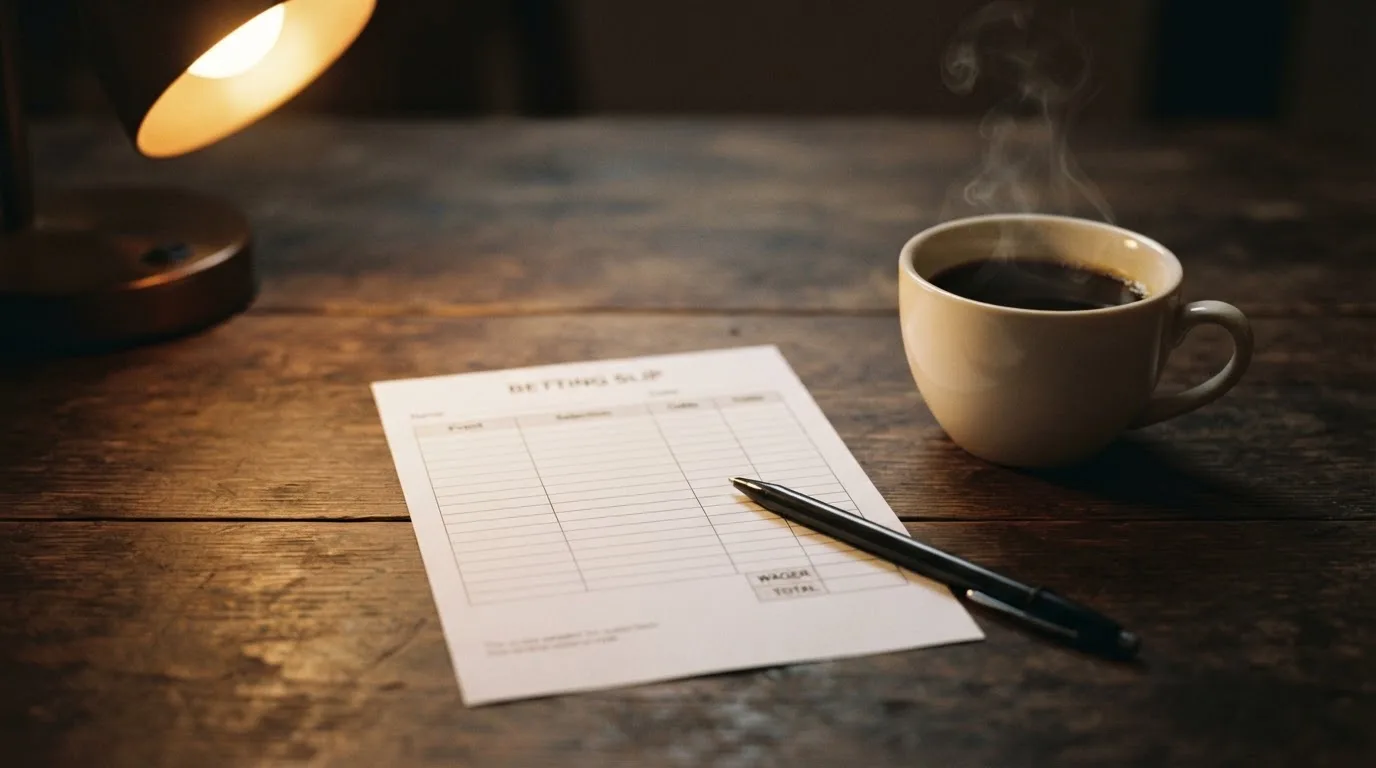 Ein leerer Papierwettschein und ein Kugelschreiber liegen auf einem Holztisch neben einer Tasse, warmes Licht einer Lampe.