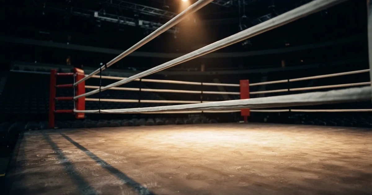 Ein Boxring mit gespannten Seilen in einer leeren Halle, ein einzelner Scheinwerfer leuchtet von oben auf die Ringmatte.