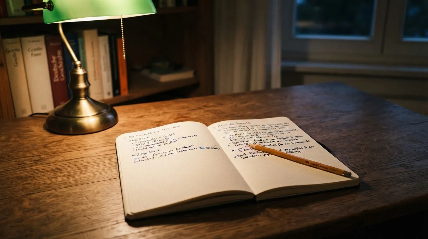 Ein Notizbuch mit handschriftlichen Notizen und ein Bleistift liegen neben einer Tischlampe auf einem Schreibtisch, ruhiges Abendlicht.