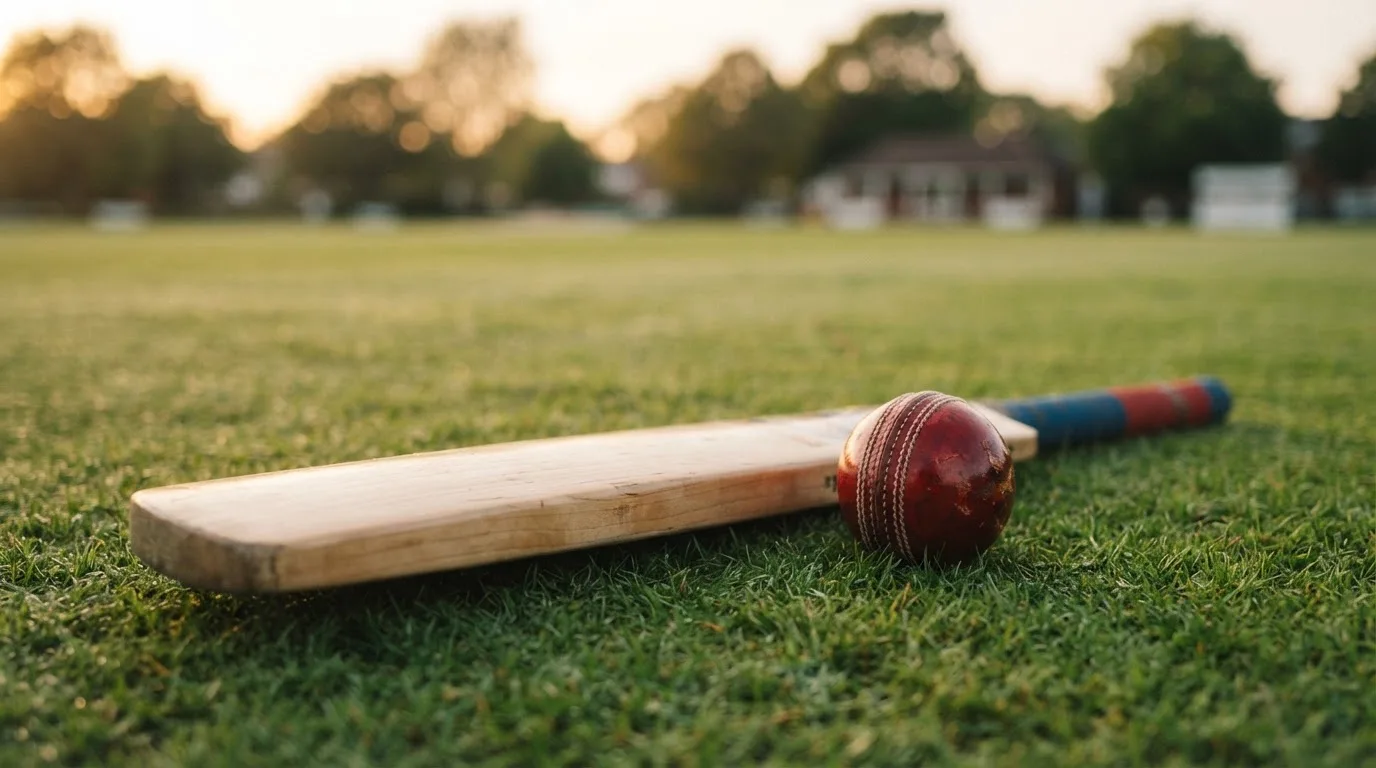 Ein Cricketschläger aus hellem Holz und ein roter Lederball liegen auf kurzem Rasen, weiches Abendlicht.