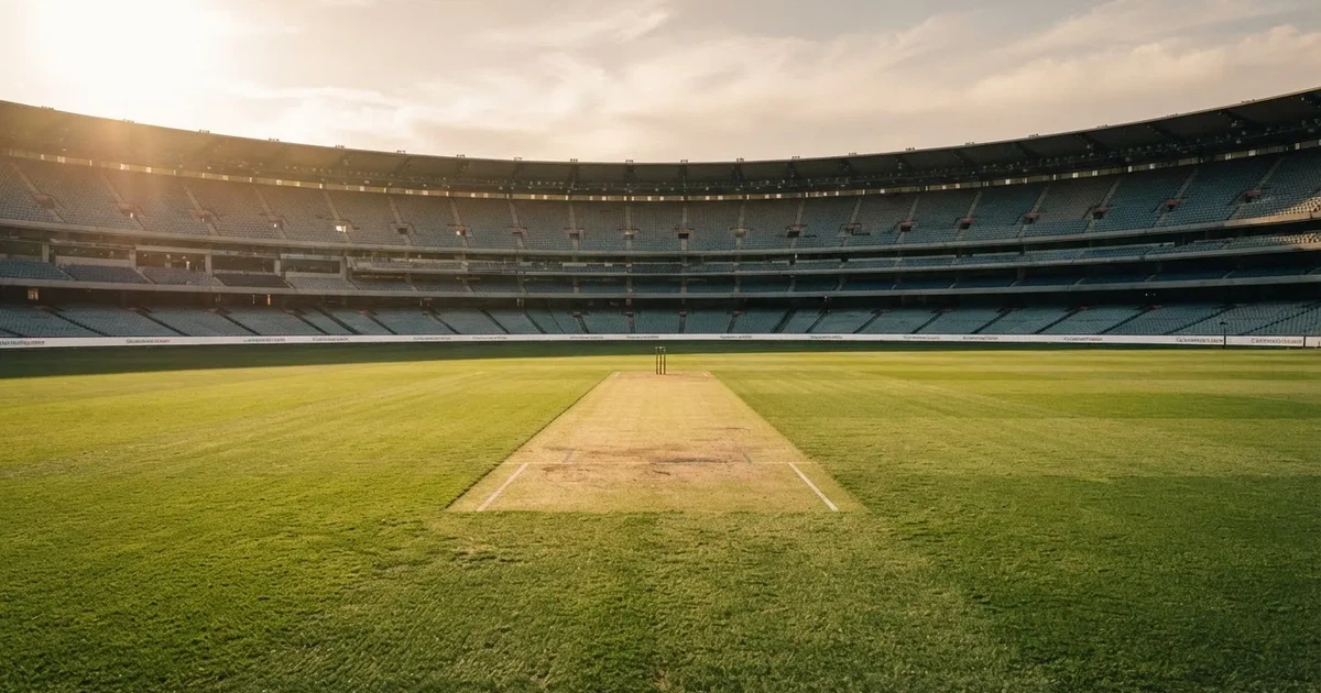 Ein weites grünes Cricketfeld mit einem hellen Streifen in der Mitte, tief stehende Sonne, im Hintergrund eine leere Tribüne.