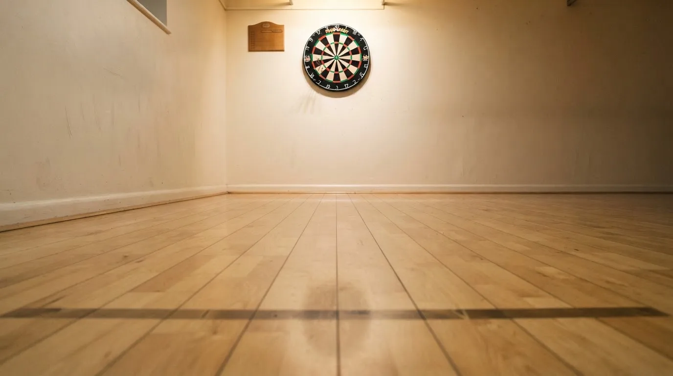 Eine Wurflinie aus Holz auf dem Hallenboden, im Hintergrund in der Ferne eine Dartscheibe an der Wand.