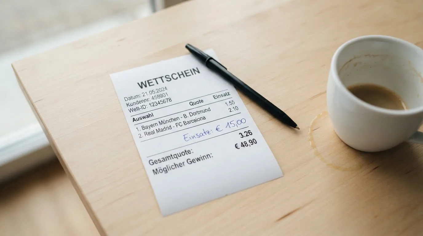 Ein leerer Wettschein aus Papier liegt neben einem Kugelschreiber und einer Tasse auf einem hellen Holztisch.