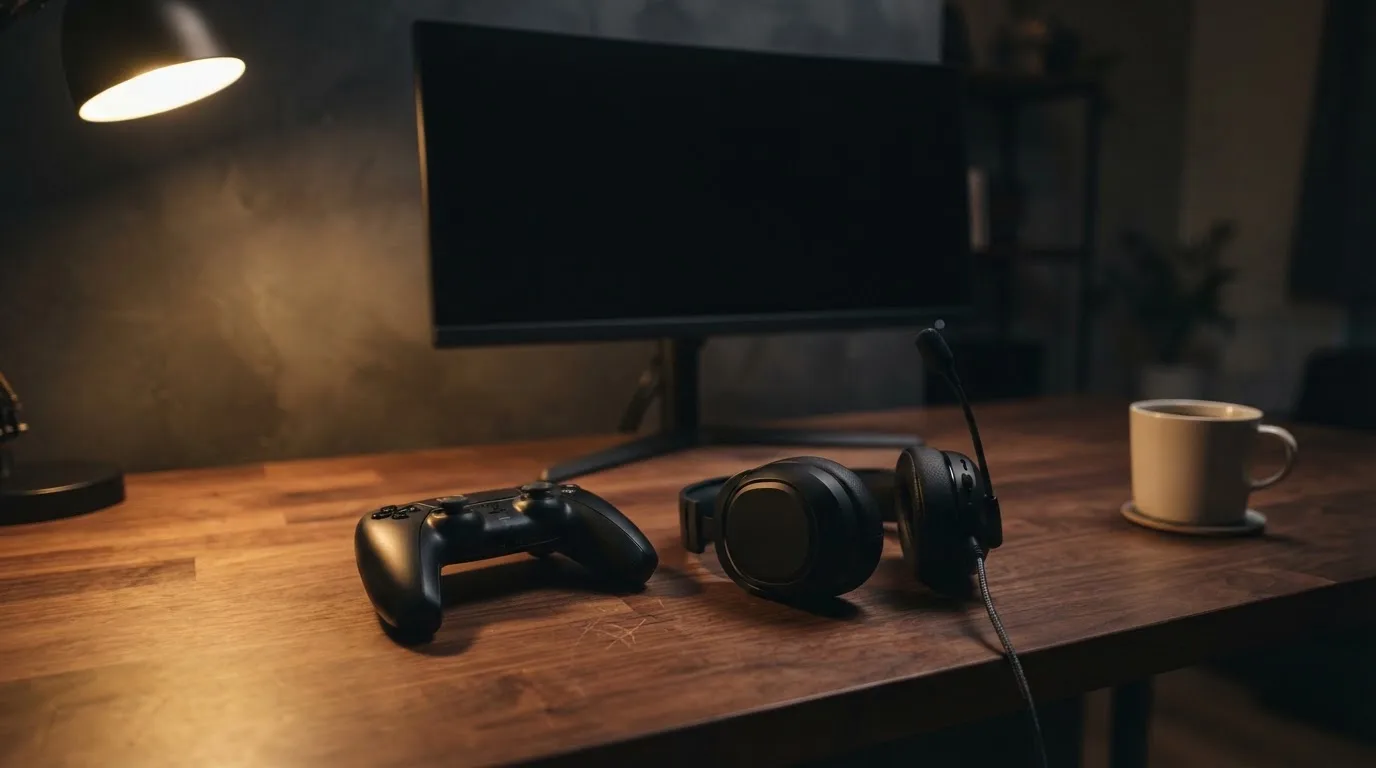 Ein Gamepad und ein Headset liegen auf einem Schreibtisch neben einer Tasse, der Bildschirm im Hintergrund ist ausgeschaltet.