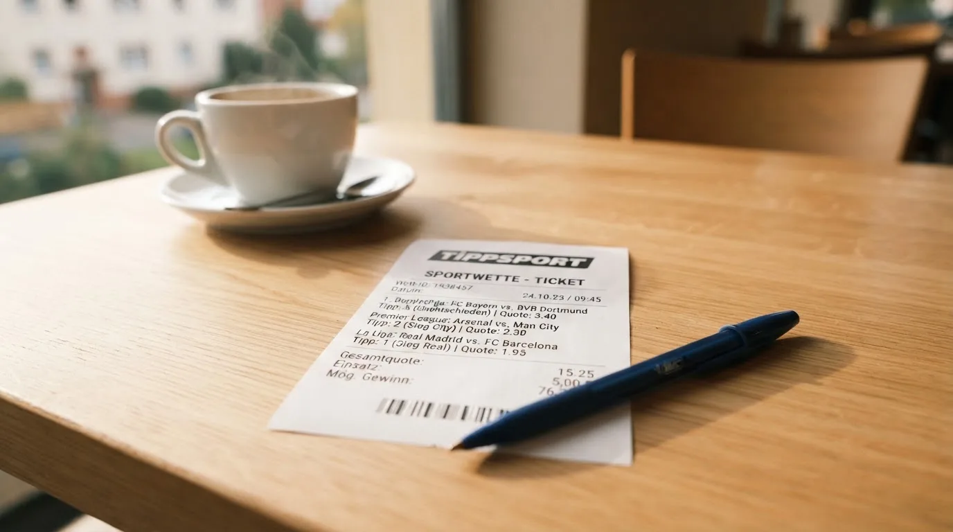 Ein leerer Wettschein aus Papier liegt neben einem Kugelschreiber und einer Tasse auf einem hellen Holztisch.