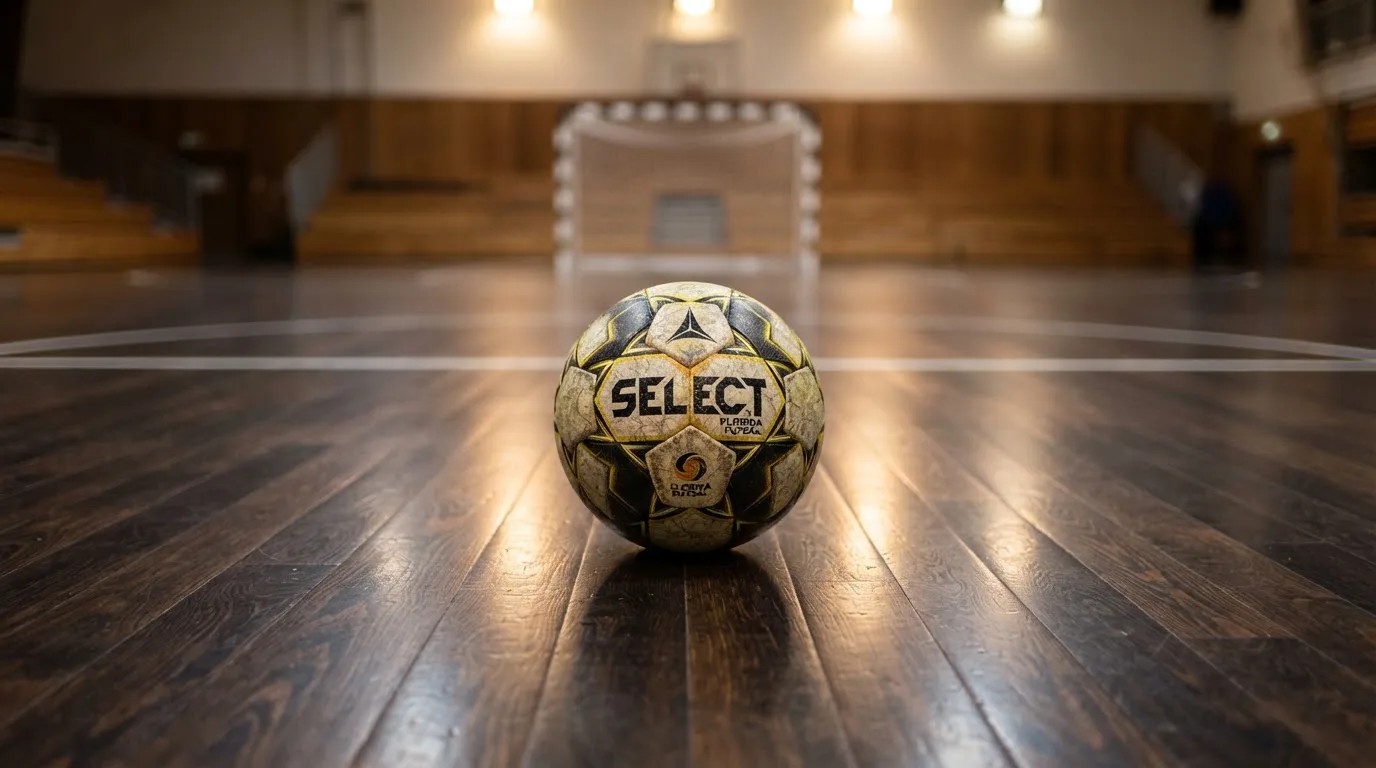Ein kleiner schwerer Ball liegt in einer Halle auf dem Parkett vor einem Tor, warmes Licht aus den Deckenstrahlern.